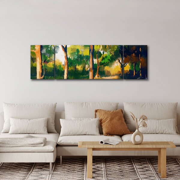 Obraz lesa v letním slunci, malba (170x50 cm)