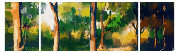 Obraz lesa v letním slunci, malba (170x50 cm)