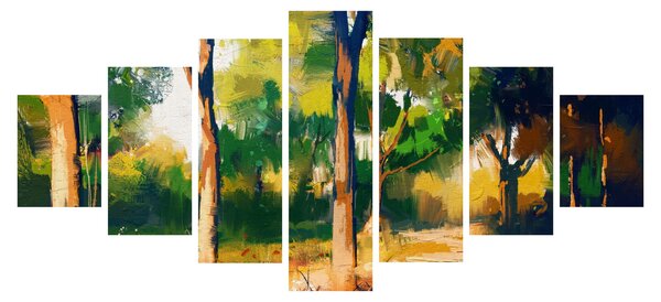 Obraz lesa v letním slunci, malba (210x100 cm)