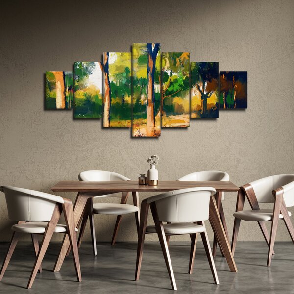Obraz lesa v letním slunci, malba (210x100 cm)