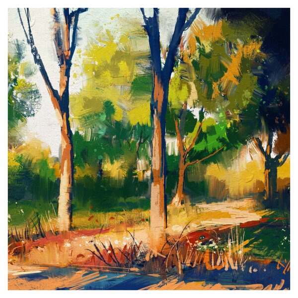 Obraz lesa v letním slunci, malba (30x30 cm)