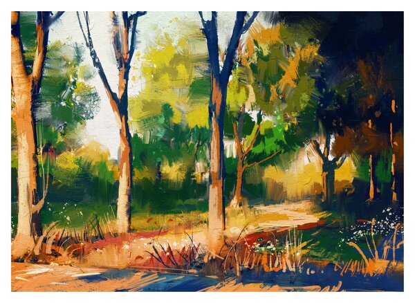 Obraz lesa v letním slunci, malba (70x50 cm)