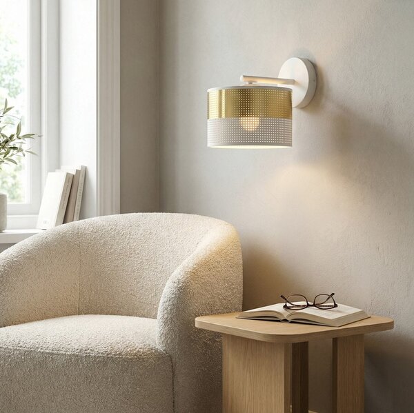 Nástěnné svítidlo LUX K1 – bílé / zlaté, textilní stínidlo, 1× E27, šířka 20 cm