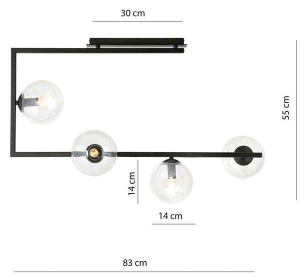 Stropní svítidlo SOMA 4 – černé, čiré sklo, 4× E14, šířka 83 cm