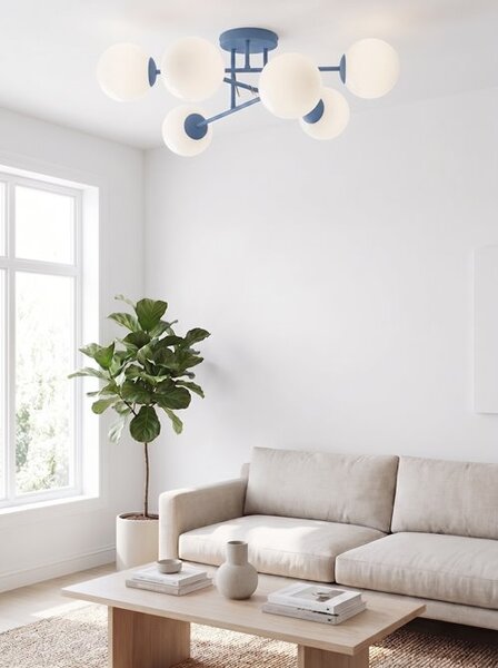 Stropní svítidlo ROMA 6 – tlumeně modré, opálové sklo, 6× E14, šířka 75 cm