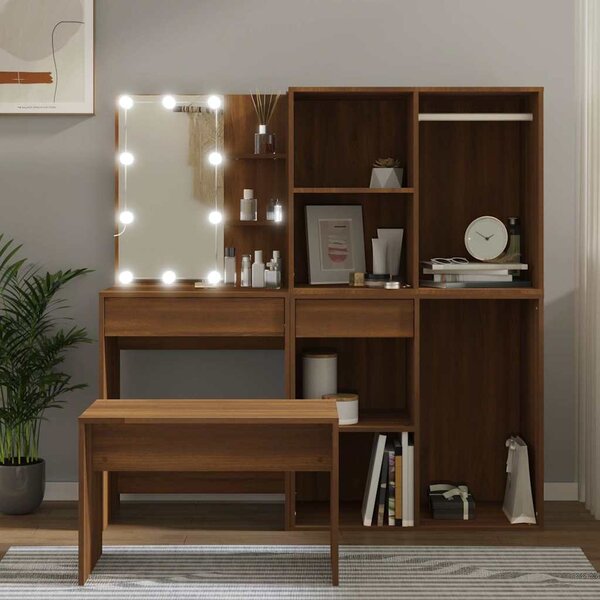 Toaletní stolek sada s LED hnědý dub kompozitní dřevo 3114106
