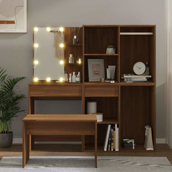 Toaletní stolek sada s LED hnědý dub kompozitní dřevo 3114106
