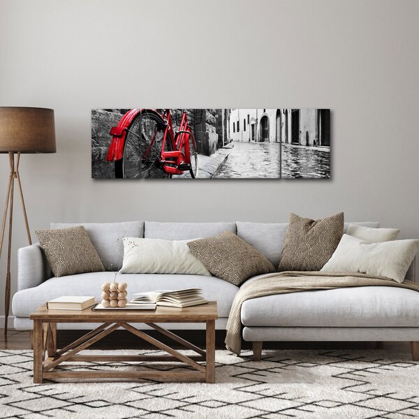 Obraz červeného kola na dlážděné ulici (170x50 cm)