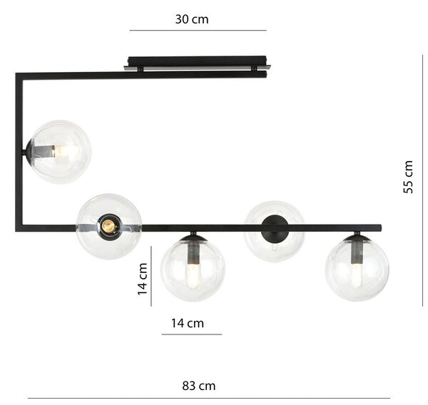 Stropní svítidlo SOMA 5 – černé, čiré sklo, 5× E14, šířka 83 cm