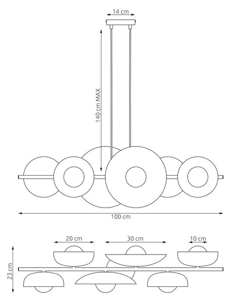 Závěsné svítidlo VOLUM 6 – černé, bílé sklo, 6× G9, šířka 100 cm