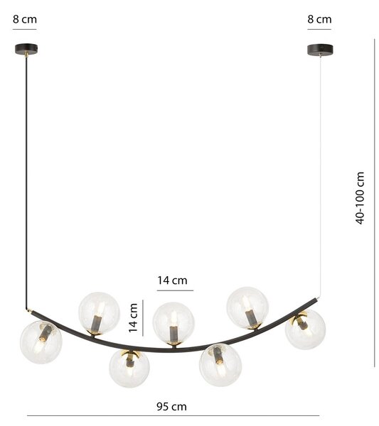 Závěsné svítidlo RITZ 7 – černé, čiré sklo, 7× E14, šířka 95 cm