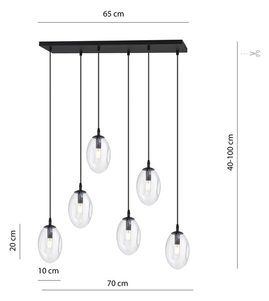 Závěsné svítidlo ASTRAL 6 – černé, čiré sklo, 6× E14, šířka 65 cm