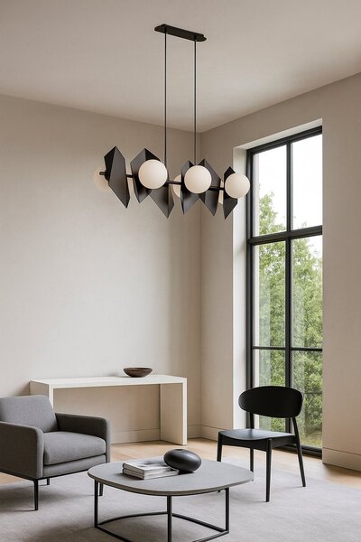 Závěsné svítidlo DRIFTON 6 – černé, bílé sklo, 6× E14, šířka 100 cm