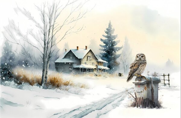 Plakát - Sova na poštovní schránce, venkov v zimě, akvarel FeelHappy.cz Velikost plakátu: A3 (29,7 × 42 cm)