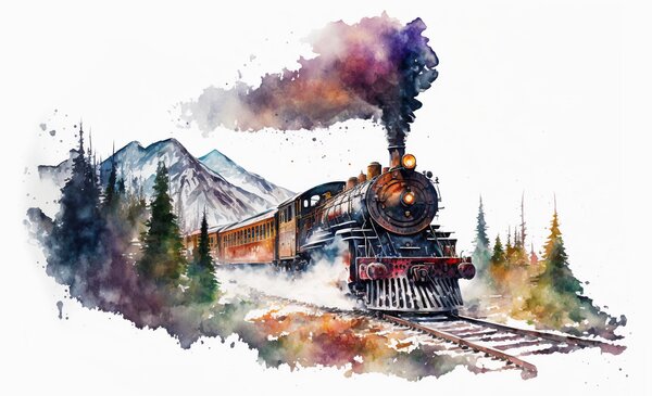 FeelHappy Plakát - Parní vlak v horách, akvarel Velikost plakátu: A3 (29,7 × 42 cm)