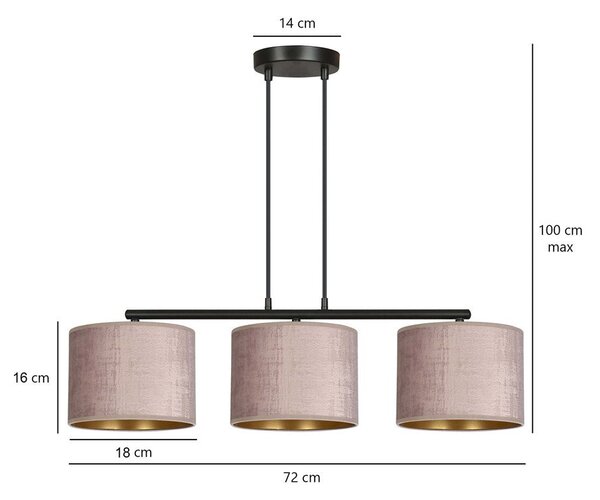 Závěsné svítidlo HILDE 3 – černé, růžová textilní stínidla, 3× E27, šířka 72 cm