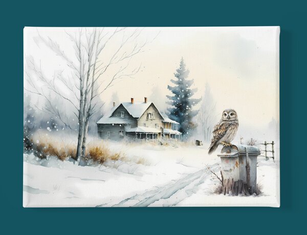 Obraz na plátně - Sova na poštovní schránce, venkov v zimě FeelHappy.cz Velikost obrazu: 40 x 30 cm