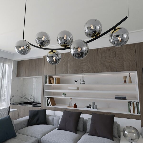 Závěsné svítidlo RITZ 7 – černé, grafitové sklo, 7× E14, šířka 95 cm