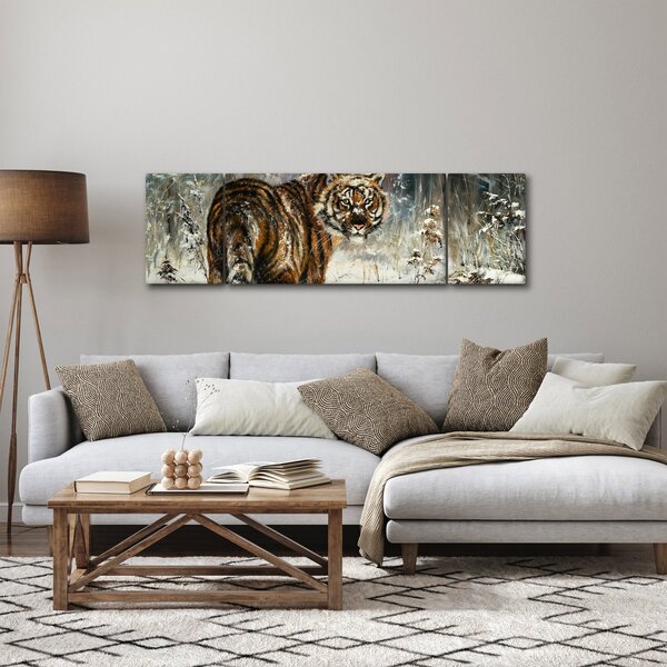 Obraz - Tygr v zasněženém lese, olejomalba (170x50 cm)