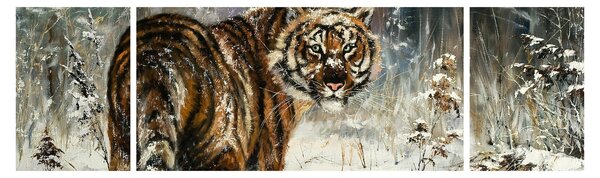 Obraz - Tygr v zasněženém lese, olejomalba (170x50 cm)