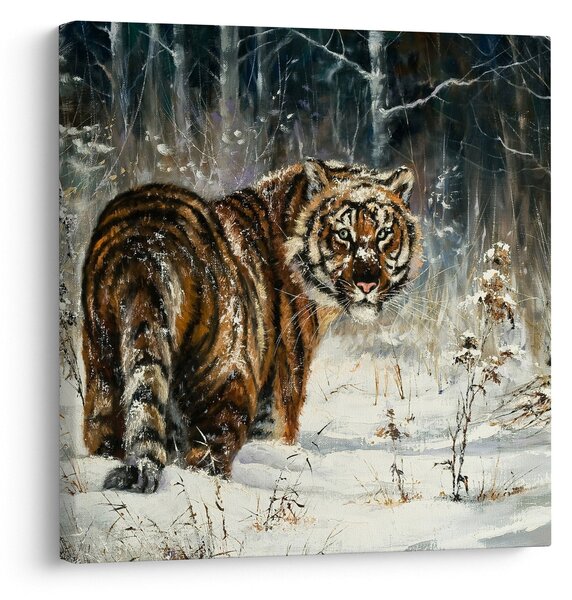 Obraz - Tygr v zasněženém lese, olejomalba (30x30 cm)