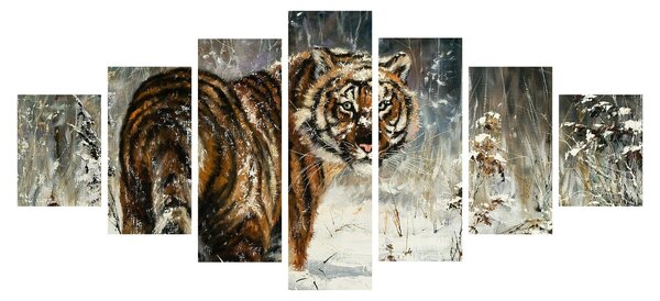 Obraz - Tygr v zasněženém lese, olejomalba (210x100 cm)