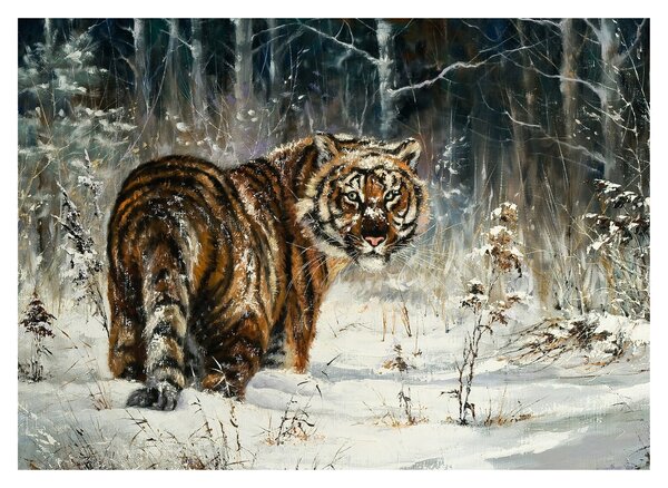 Obraz - Tygr v zasněženém lese, olejomalba (70x50 cm)