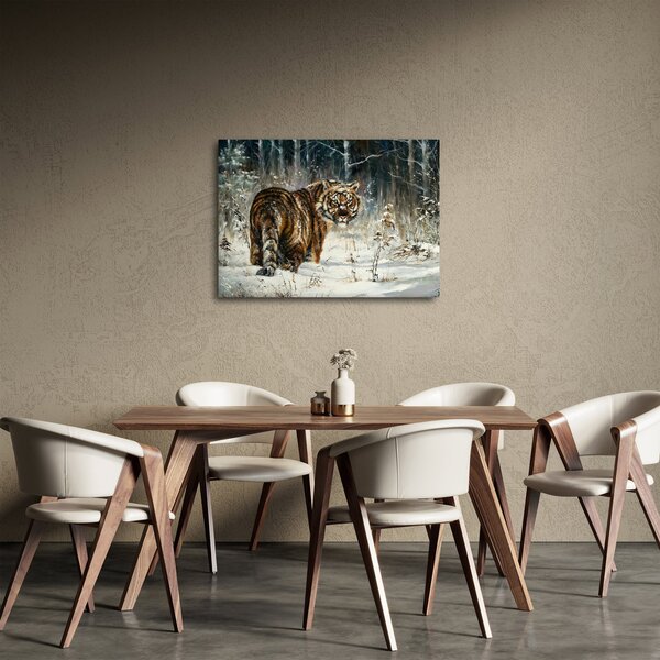 Obraz - Tygr v zasněženém lese, olejomalba (70x50 cm)
