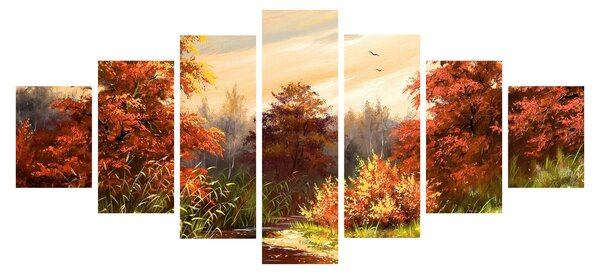 Obraz řeky v podzimní krajině, olejomalba (210x100 cm)