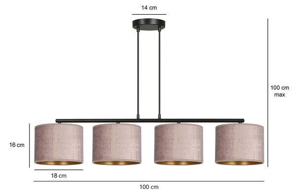 Závěsné svítidlo HILDE 4 – černé, růžová textilní stínidla, 4× E27, šířka 100 cm