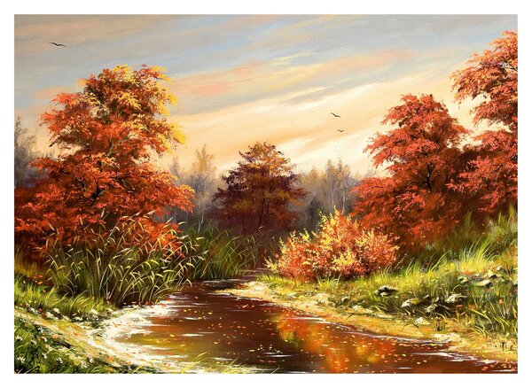 Obraz řeky v podzimní krajině, olejomalba (70x50 cm)