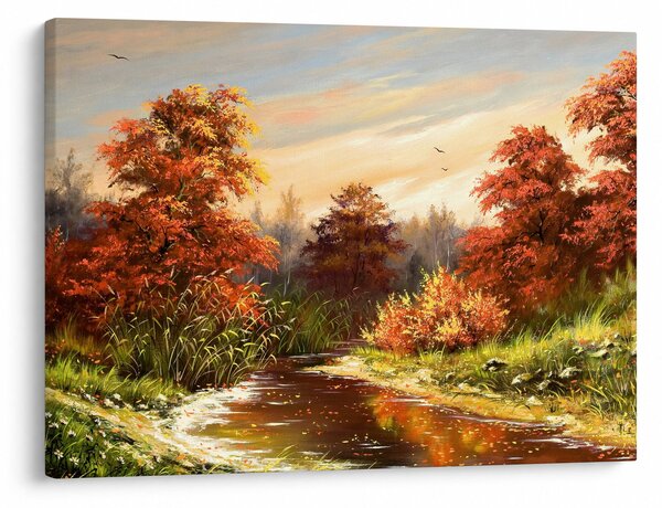 Obraz řeky v podzimní krajině, olejomalba (70x50 cm)