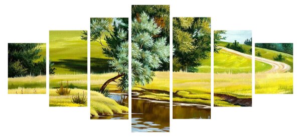 Obraz - Řeka mezi loukami, olejomalba (210x100 cm)