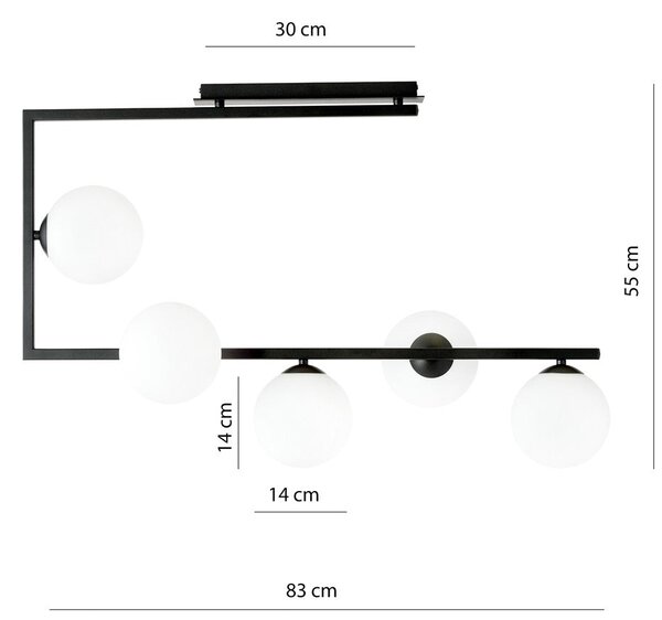 Stropní svítidlo SOMA 5 – černé, opálové sklo, 5× E14, šířka 83 cm