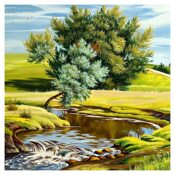 Obraz - Řeka mezi loukami, olejomalba (30x30 cm)
