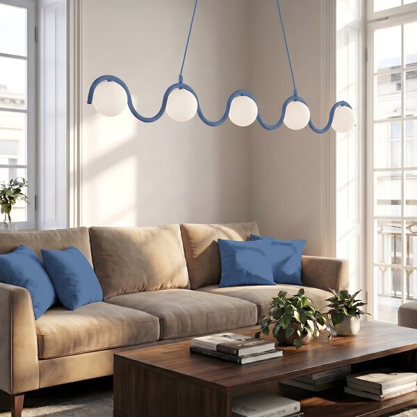 Závěsné svítidlo SINUS 5 – tlumeně modré, bílé sklo, 5× G9, šířka 110 cm