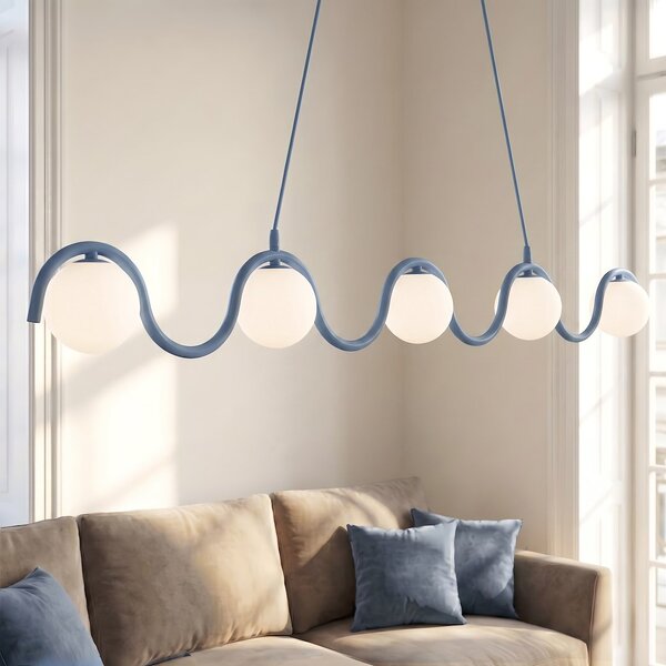 Závěsné svítidlo SINUS 5 – tlumeně modré, bílé sklo, 5× G9, šířka 110 cm