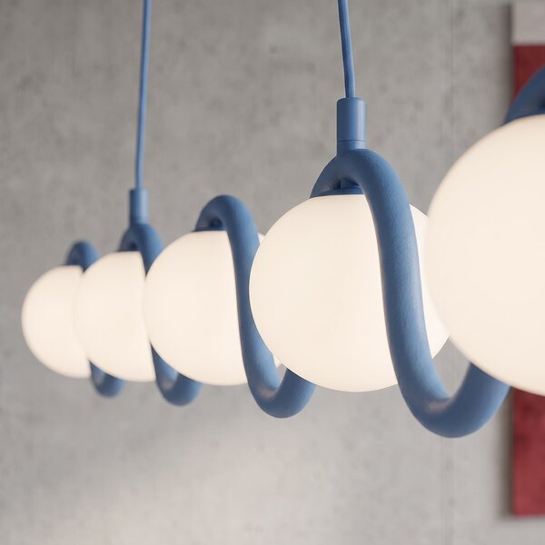 Závěsné svítidlo SINUS 5 – tlumeně modré, bílé sklo, 5× G9, šířka 110 cm