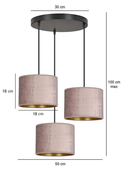 Závěsné svítidlo HILDE 3 PREM – černé, růžová textilní stínidla, 3× E27, šířka 50 cm