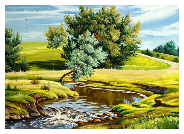 Obraz - Řeka mezi loukami, olejomalba (70x50 cm)