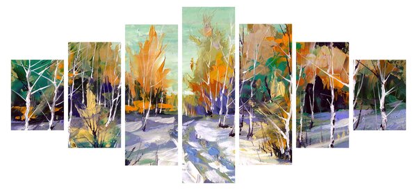 Obraz - Zasněžená cesta lesem, olejomalba (210x100 cm)