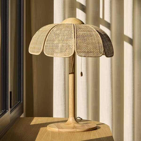 MARKET SET Stolní lampa Coquillage, proutěné pletivo/dřevo, E27, Světlé dřevo, Obývací pokoj / jídelna, Dřevo, Design