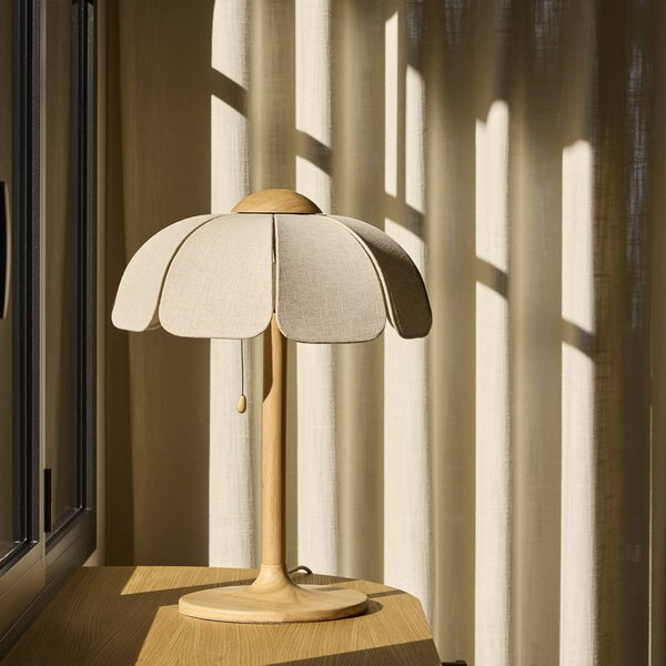 MARKET SET Stolní lampa Coquillage, přírodní len/dřevo, E27, Krémová / jantar, Obývací pokoj / jídelna, Textil / tkanina / hedvábí, Design