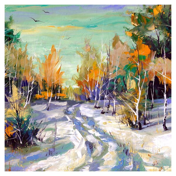 Obraz - Zasněžená cesta lesem, olejomalba (30x30 cm)