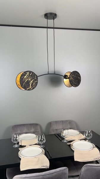 Závěsné svítidlo MOTIF 2 – černé, zlatá textilní stínidla, 2× E27, šířka 82 cm