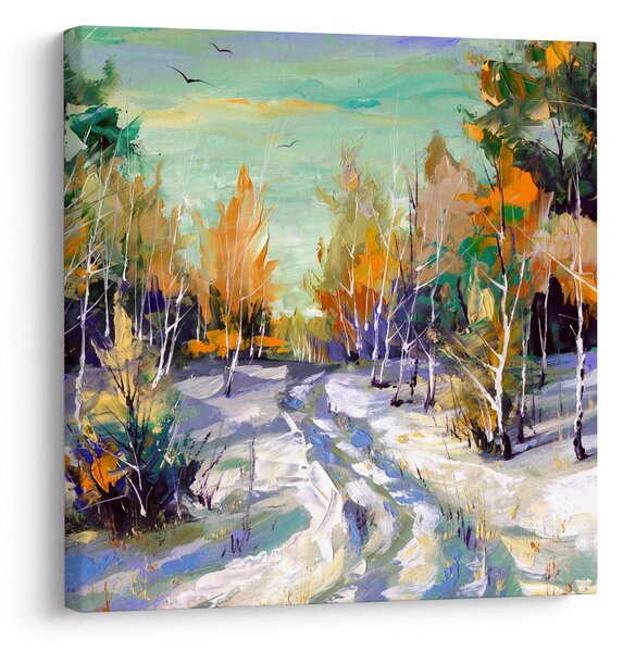 Obraz - Zasněžená cesta lesem, olejomalba (30x30 cm)