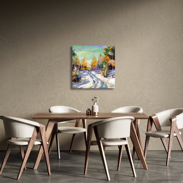 Obraz - Zasněžená cesta lesem, olejomalba (30x30 cm)