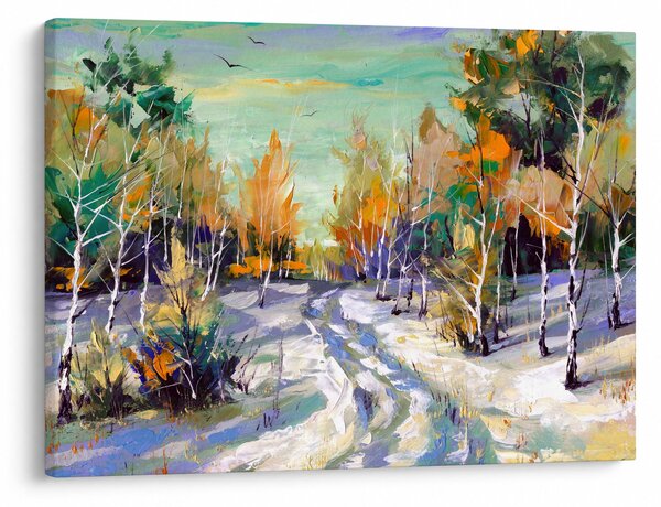 Obraz - Zasněžená cesta lesem, olejomalba (70x50 cm)