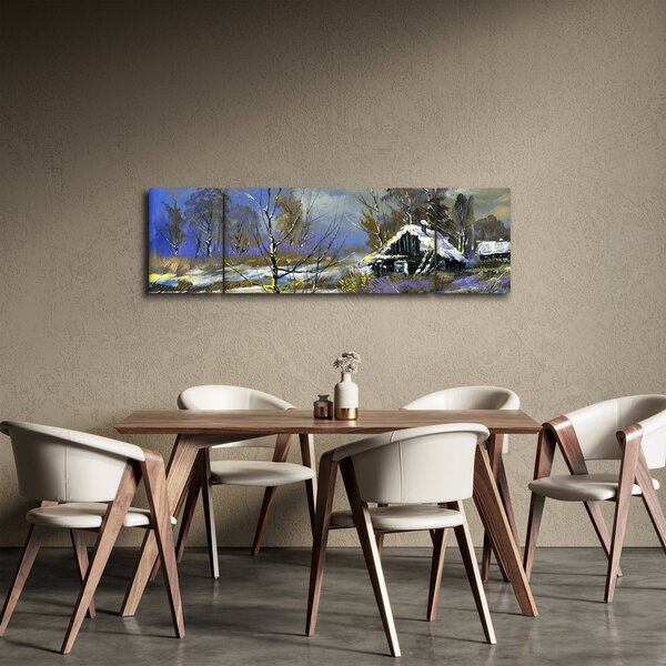 Obraz chaloupky v zimní krajině, olejomalba (170x50 cm)