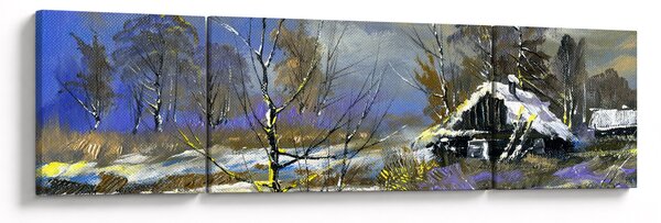 Obraz chaloupky v zimní krajině, olejomalba (170x50 cm)